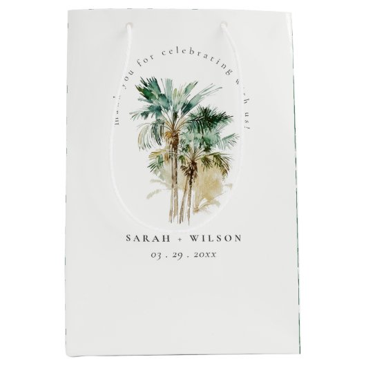 Elegant Tropische Waterverf Palm Trees Wedding Medium Cadeauzakje (Voorkant)