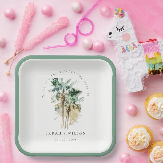 Elegant Tropische Waterverf Palm Trees Wedding Papieren Bordje (Feest)