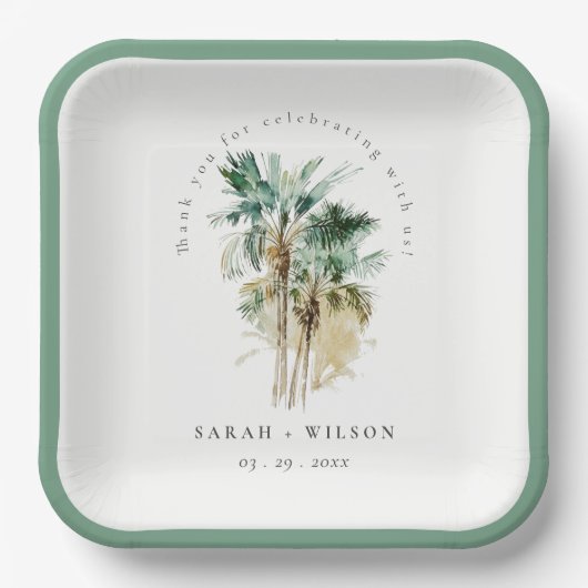 Elegant Tropische Waterverf Palm Trees Wedding Papieren Bordje (Voorkant)