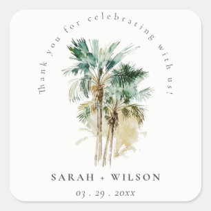 Elegant Tropische Waterverf Palm Trees Wedding Vierkante Sticker