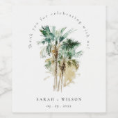 Elegant Tropische Waterverf Palm Trees Wedding Wijn Etiket (Enkel label)