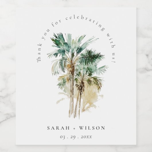 Elegant Tropische Waterverf Palm Trees Wedding Wijn Etiket (Enkel label)
