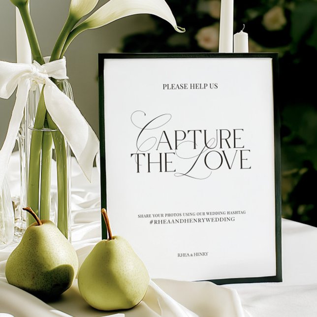 Elegant Trouw “De Liefde Vangen” Hashtag Bord  (Elegant Wedding “Capture the Love” Hashtag Sign)