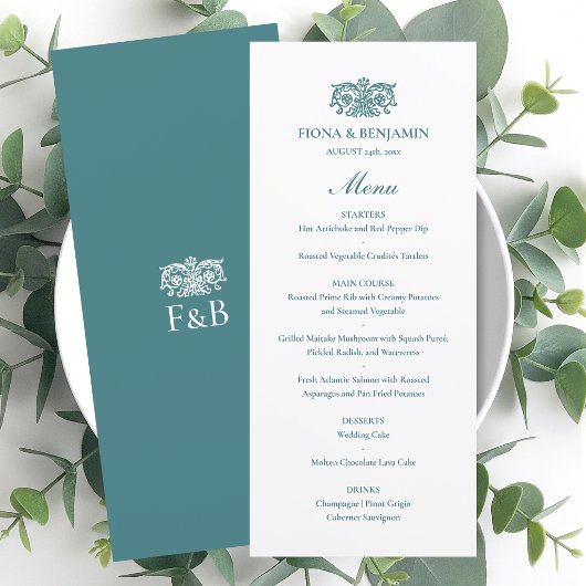 Elegant Trouw Vintage Bloem Monogram Turkoois Menu