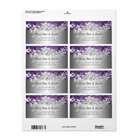 Elegant trouwadres barok bloeit Paarse Etiket (Full Sheet)