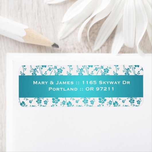 Elegant trouwadres bloemenpatroon Aqua Blue Etiket (Insitu)