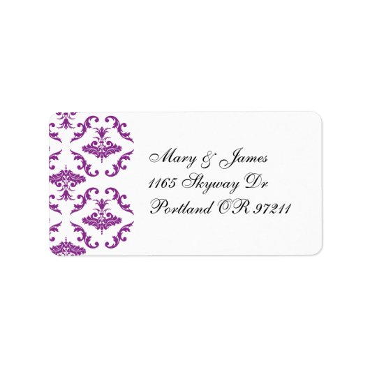 Elegant trouwadres Paarse Damask Etiket (Voorkant)