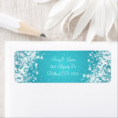 Elegant trouwadres sprankelende golf blauw etiket (Insitu)