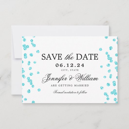 Elegant Trouwconfetti Turquoise Script  Save The Date (Voorkant)