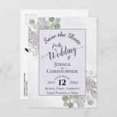 Elegant Trouwdatum Eucalyptus & Lavendel Paars Aankondigingskaart (Voorkant / Achterkant)