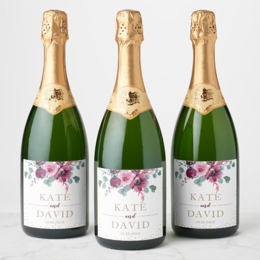 Elegant trouwgoud en bruinbloemen sparkling wijnetiket (Flessen)