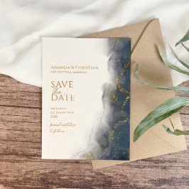 Elegant Trouwkaart met Navy Blauwe Marmer en Goud Save The Date