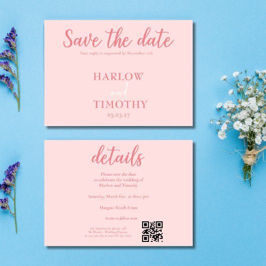 Elegant Trouwkaart Roze QR-code Sla de datum op Save The Date
