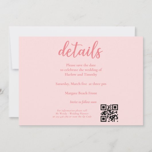 Elegant Trouwkaart Roze QR-code Sla de datum op Save The Date (Achterkant)
