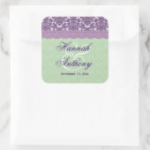 Elegant trouwlabel PAARSE en MINT Damask V02 Vierkante Sticker (Tas)