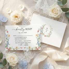 Elegant Trouwmonogram met Wilde Bloemen RSVP Kaartje