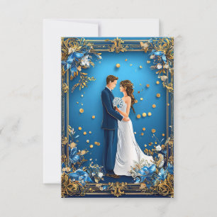 Elegant Trouwpaar dat Elkaar Omhelst met Bloemstuk Kaart