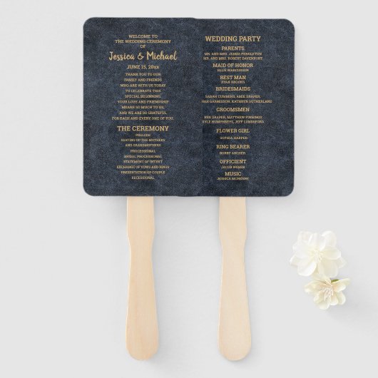 Elegant Trouwprogramma in Navyblauw en Goud Handwaaier (Voorkant en achterkant)