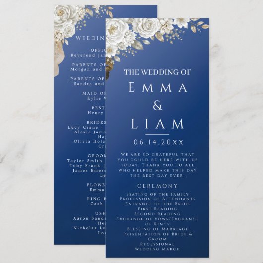 Elegant Trouwprogramma in Navyblauw Goud Witte Roo Programmakaart (Voorkant / Achterkant)
