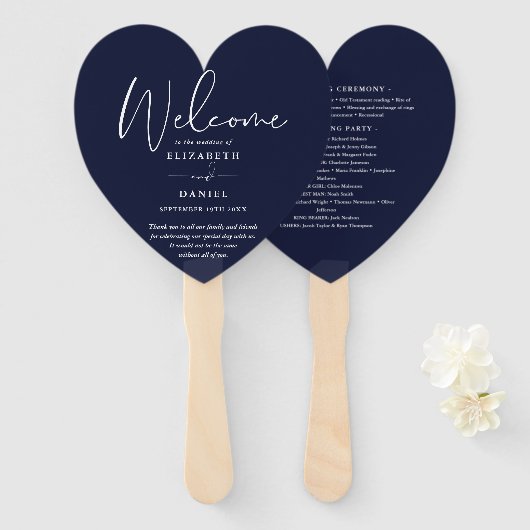 Elegant Trouwprogramma in Navyblauw met Hart Handwaaier (Voorkant en achterkant)