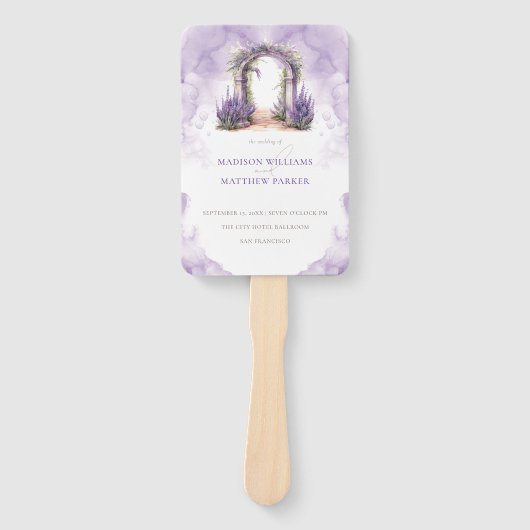 Elegant Trouwprogramma Lavendelboog Handwaaier (Voorkant)