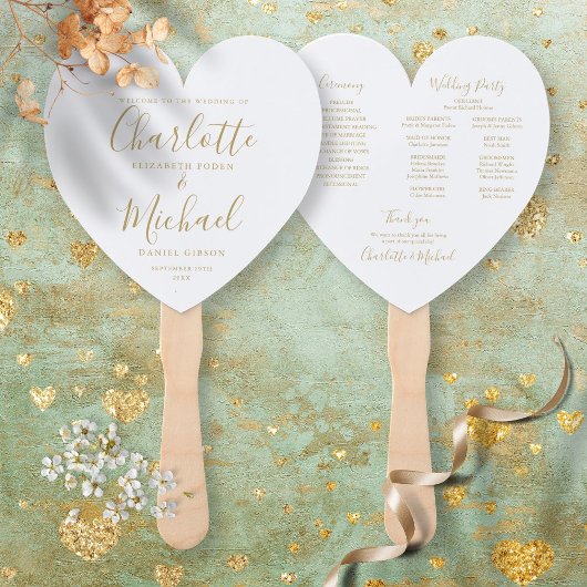 Elegant Trouwprogramma met Gouden Schrift Hart Handwaaier