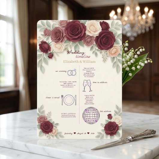 Elegant Trouwprogramma met Tijdsschema in Bourgond Programmakaart
