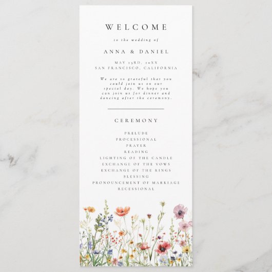 Elegant Trouwprogramma met Wilde Bloemen Programmakaart (Voorkant)