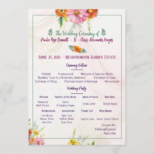 Elegant Trouwprogramma met Wilde Bloemen Programmakaart (Voorkant)