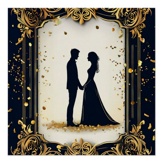 Elegant trouwsilhouet met  Golden Fram Perfect Poster (Voorkant)