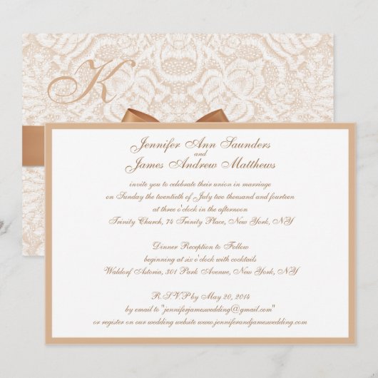 Elegant trouwuitnodiging met lint en kant kaart (Voorkant / Achterkant)