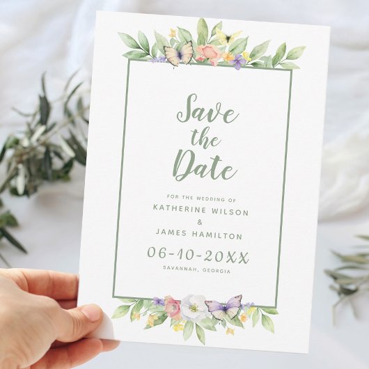Elegant Trouwwaterverf Bloemvlinder Groen Save The Date