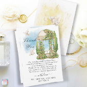 Elegant tuinhuisje met bloemen, bomen en duiven bedankkaart