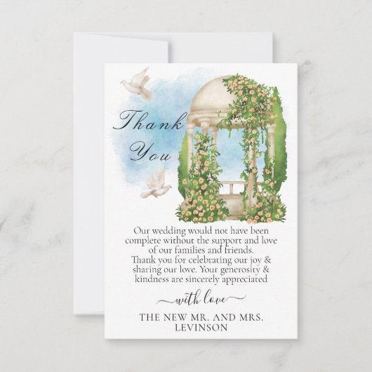 Elegant tuinhuisje met bloemen, bomen en duiven bedankkaart (Voorkant)