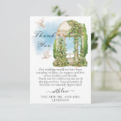 Elegant tuinhuisje met bloemen, bomen en duiven bedankkaart (Staand voorkant)