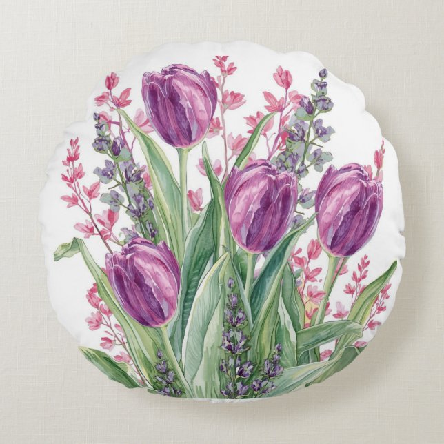 Elegant Tulip Flowers Pattern,Purple Stripes Rond Kussen (Voorkant)