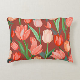 Elegant Tulp Bloempatroon – Rood & Perzik Lente Accent Kussen