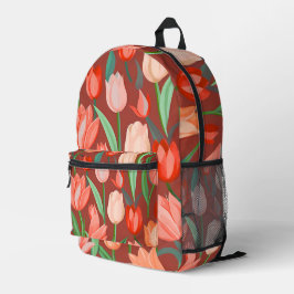Elegant Tulp Bloempatroon – Rood & Perzik Lente Bedrukte Rugzak