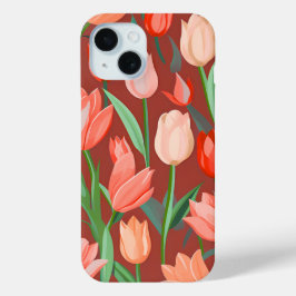 Elegant Tulp Bloempatroon – Rood & Perzik Lente iPhone 15 Case