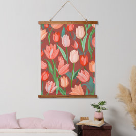 Elegant Tulp Bloempatroon – Rood & Perzik Lente Hangend Wandkleed