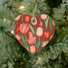 Elegant Tulp Bloempatroon – Rood & Perzik Lente Keramisch Ornament
