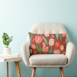 Elegant Tulp Bloempatroon – Rood & Perzik Lente Kussen
