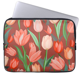 Elegant Tulp Bloempatroon – Rood & Perzik Lente Laptop Sleeve