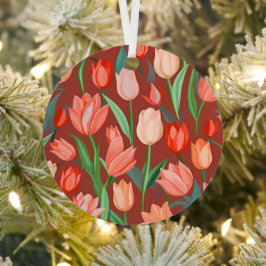 Elegant Tulp Bloempatroon – Rood & Perzik Lente Metalen Ornament