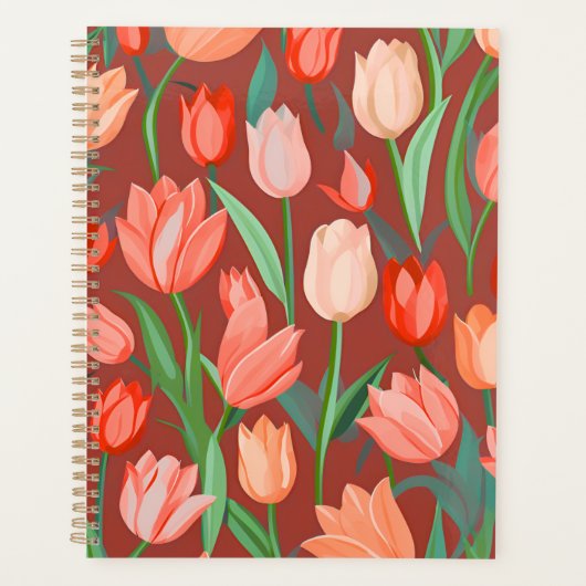 Elegant Tulp Bloempatroon – Rood & Perzik Lente Planner (Voorkant)