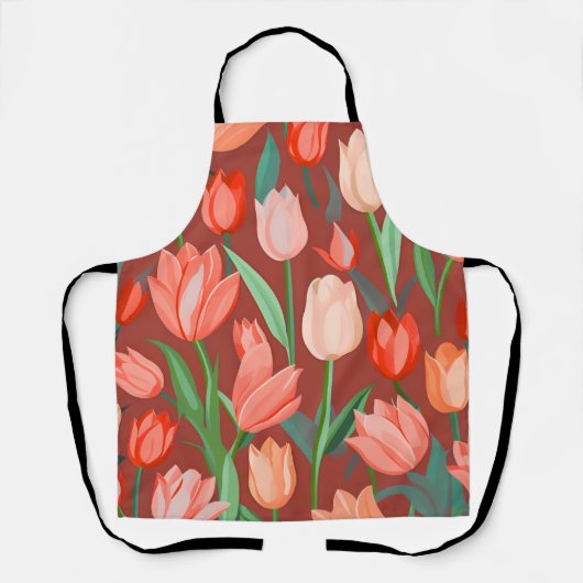 Elegant Tulp Bloempatroon – Rood & Perzik Lente Schort (Voorkant)