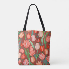 Elegant Tulp Bloempatroon – Rood & Perzik Lente Tote Bag