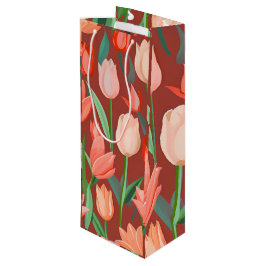 Elegant Tulp Bloempatroon – Rood & Perzik Lente Wijn Cadeautas