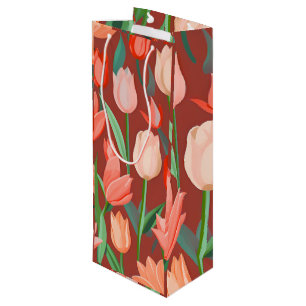 Elegant Tulp Bloempatroon – Rood & Perzik Lente Wijn Cadeautas