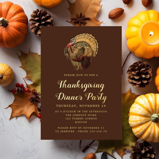 Elegant  Turkije Thanksgiving Diner Goud Folie Uitnodiging